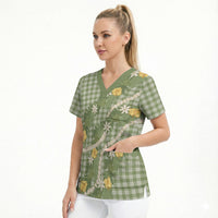 Aloha Puakenikeni Anthurium Pikake Lei Scrub Top Green Hawaiian Palaka Pattern LT9 - Polynesian Pride