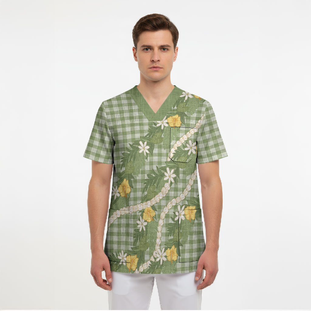 Aloha Puakenikeni Anthurium Pikake Lei Scrub Top Green Hawaiian Palaka Pattern LT9 - Polynesian Pride