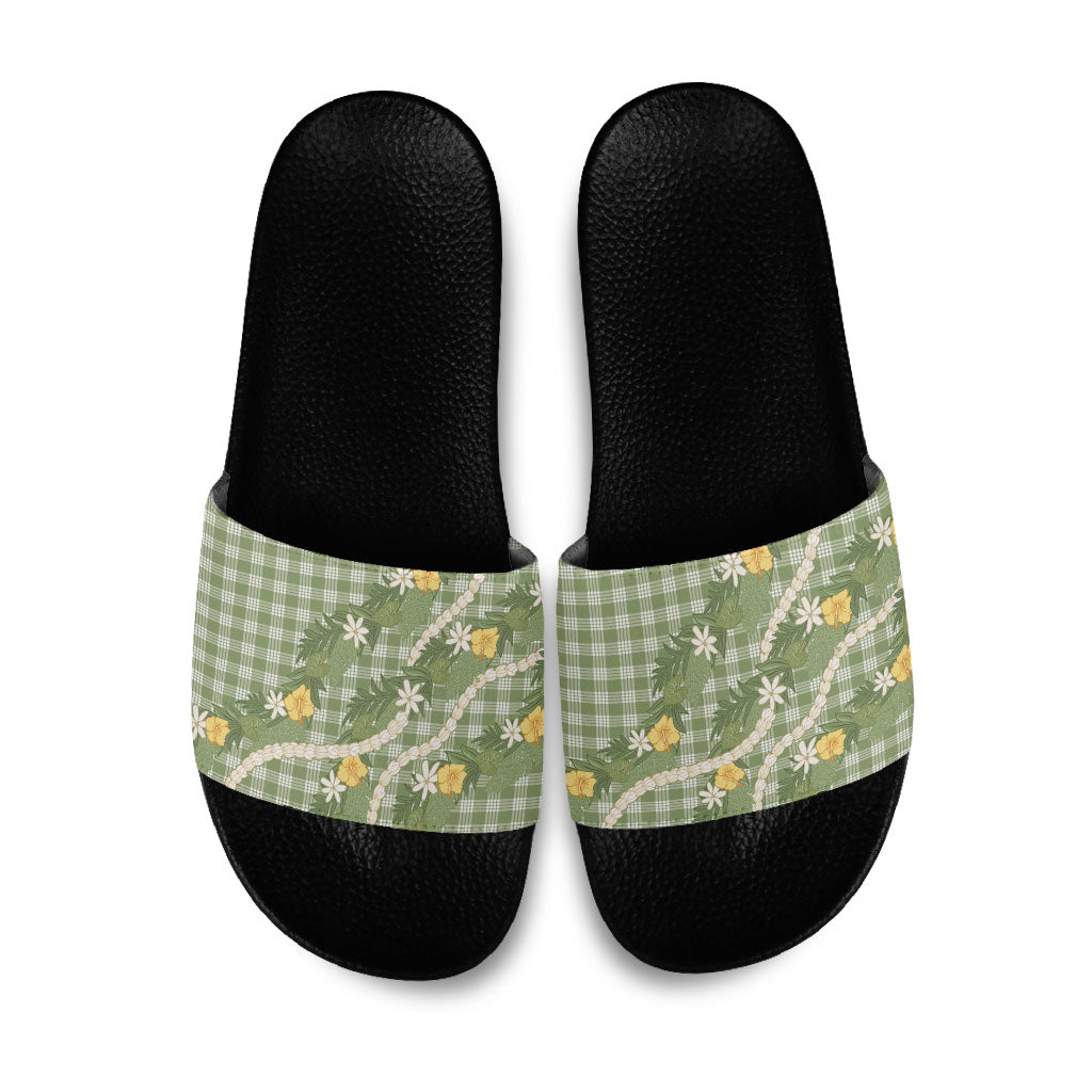 Aloha Puakenikeni Anthurium Pikake Lei Slide Sandals Green Hawaiian Palaka Pattern LT9 Green - Polynesian Pride