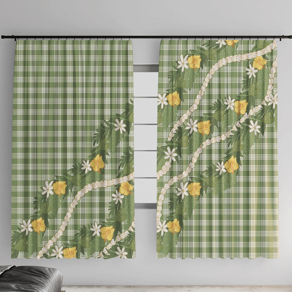Aloha Puakenikeni Anthurium Pikake Lei Window Curtain Green Hawaiian Palaka Pattern LT9 With Hooks Green - Polynesian Pride