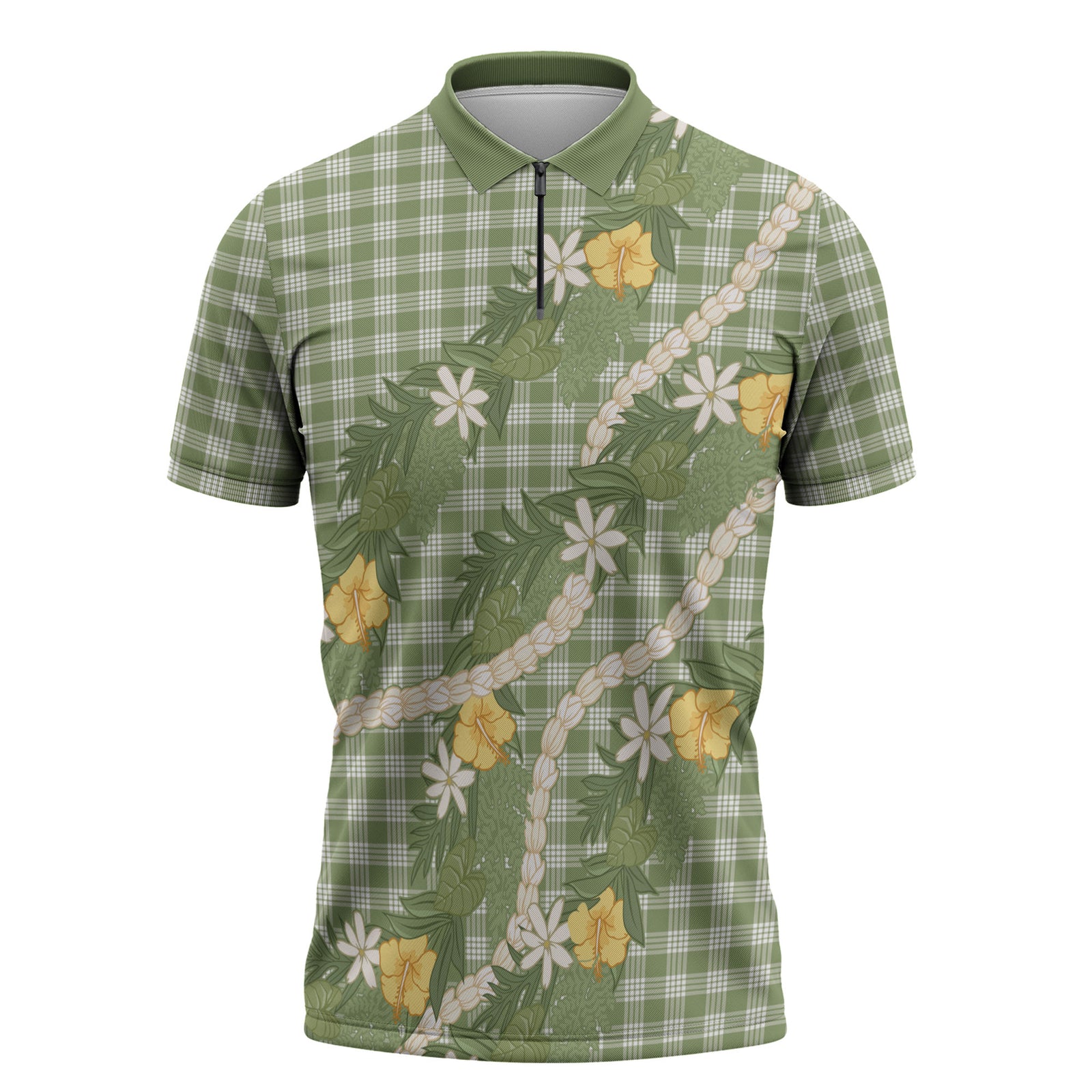 Aloha Puakenikeni Anthurium Pikake Lei Zipper Polo Shirt Green Hawaiian Palaka Pattern LT9 Green - Polynesian Pride