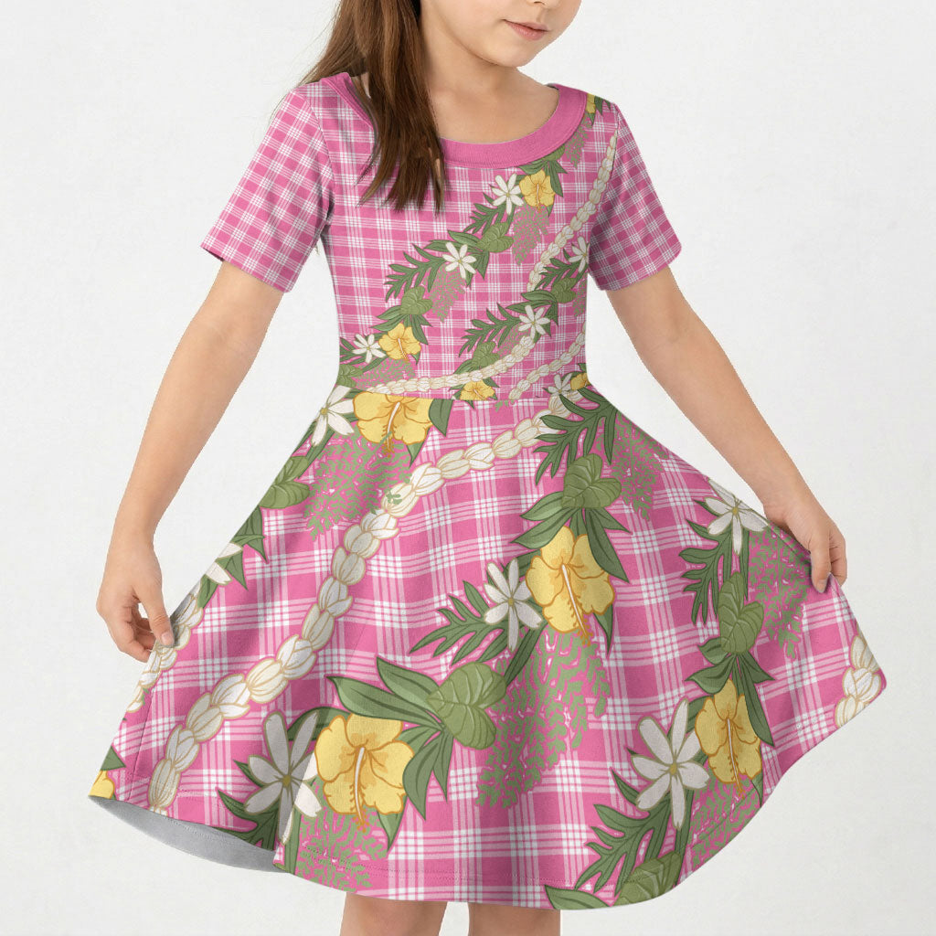 Aloha Puakenikeni Anthurium Pikake Lei Kid Short Sleeve Dress Tropical Pink Hawaiian Palaka Pattern LT9 KID Pink - Polynesian Pride
