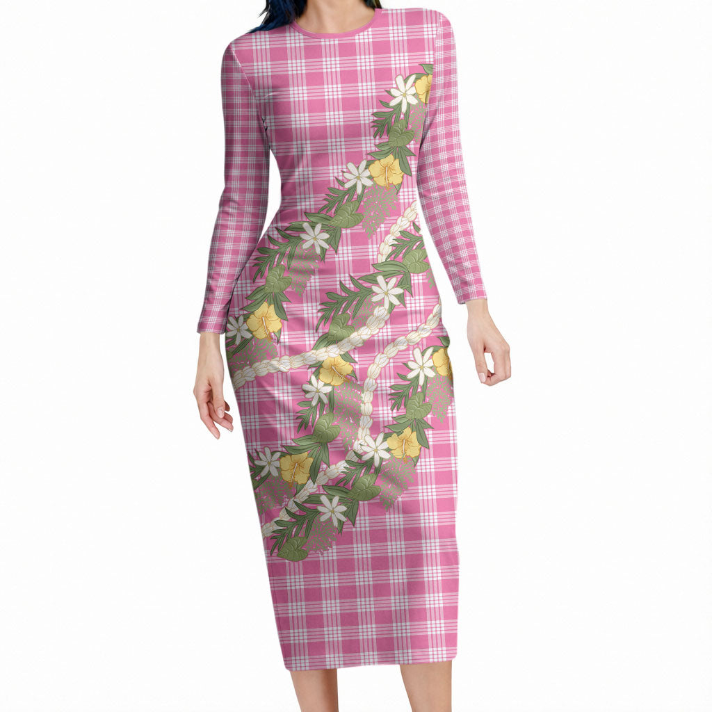 Aloha Puakenikeni Anthurium Pikake Lei Long Sleeve Bodycon Dress Tropical Pink Hawaiian Palaka Pattern LT9 Long Dress Pink - Polynesian Pride
