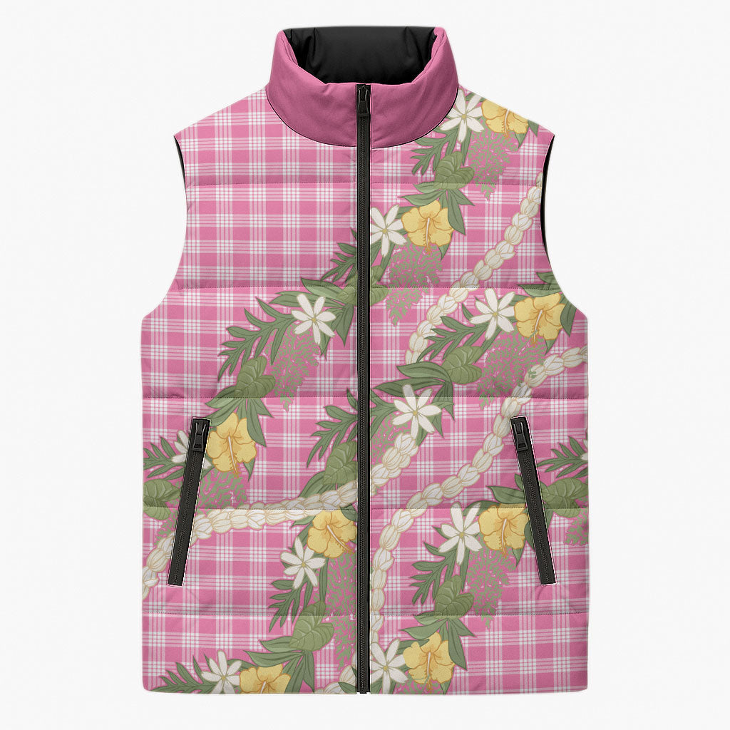 Aloha Puakenikeni Anthurium Pikake Lei Sleeveless Puffer Jacket Tropical Pink Hawaiian Palaka Pattern LT9 Unisex Pink - Polynesian Pride