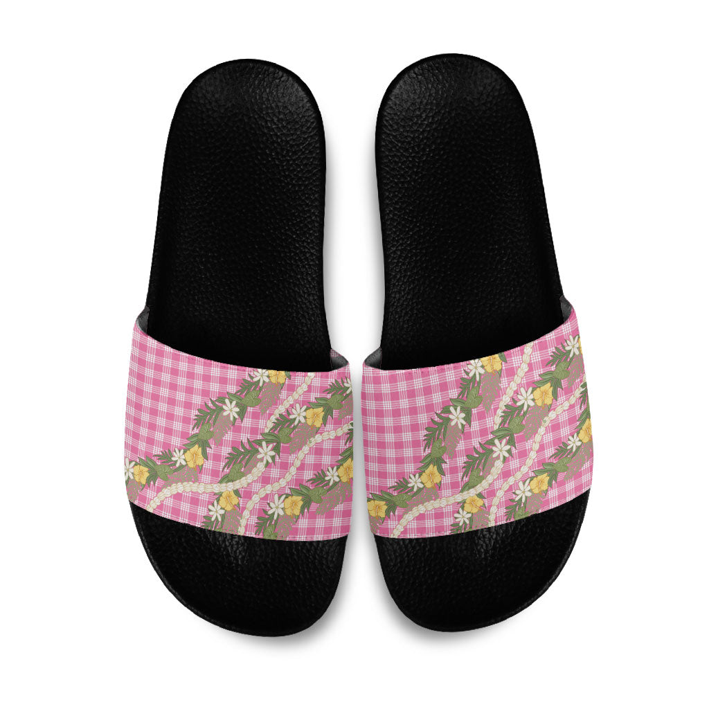 Aloha Puakenikeni Anthurium Pikake Lei Slide Sandals Tropical Pink Hawaiian Palaka Pattern LT9 Pink - Polynesian Pride
