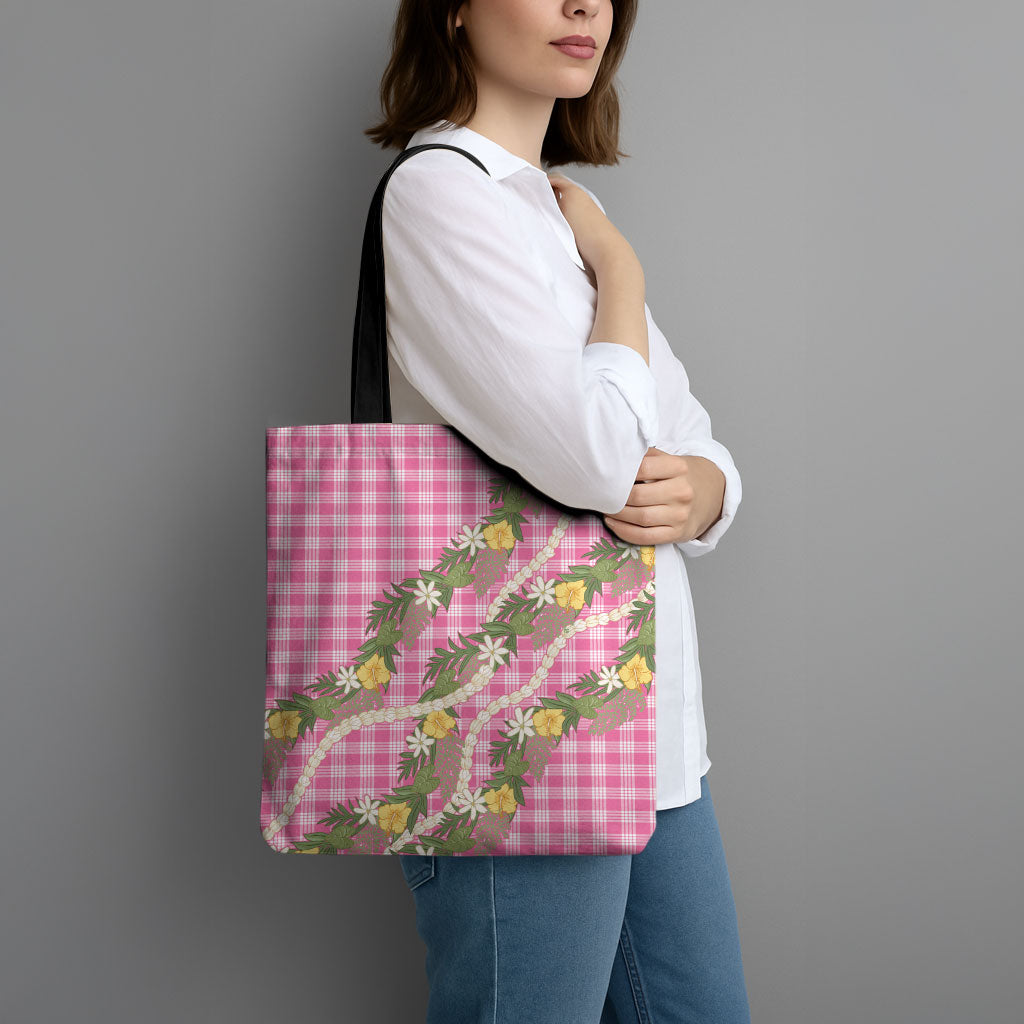 Aloha Puakenikeni Anthurium Pikake Lei Tote Bag Tropical Pink Hawaiian Palaka Pattern LT9 - Polynesian Pride
