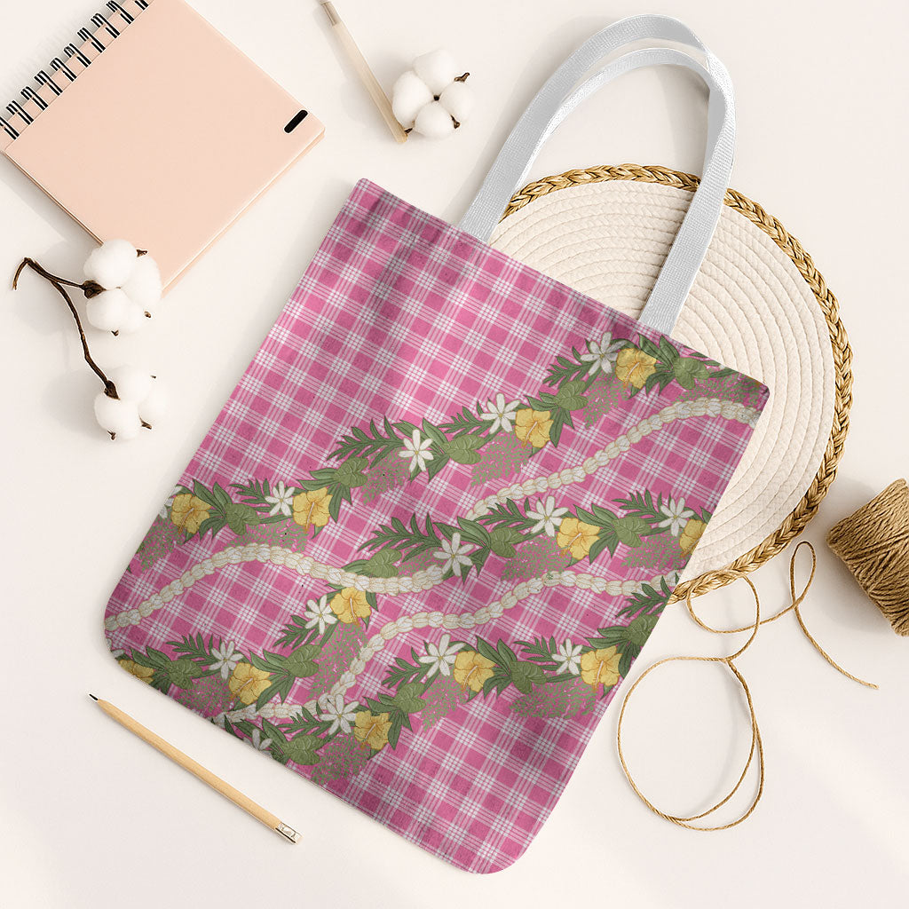 Aloha Puakenikeni Anthurium Pikake Lei Tote Bag Tropical Pink Hawaiian Palaka Pattern LT9 White Strap One Size Pink - Polynesian Pride