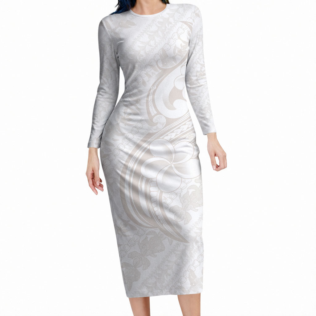 Hawaii Plumeria Lokelani Pikake Lei Long Sleeve Bodycon Dress Sandy Beige Polynesian Tattoo LT9 Long Dress Beige - Polynesian Pride