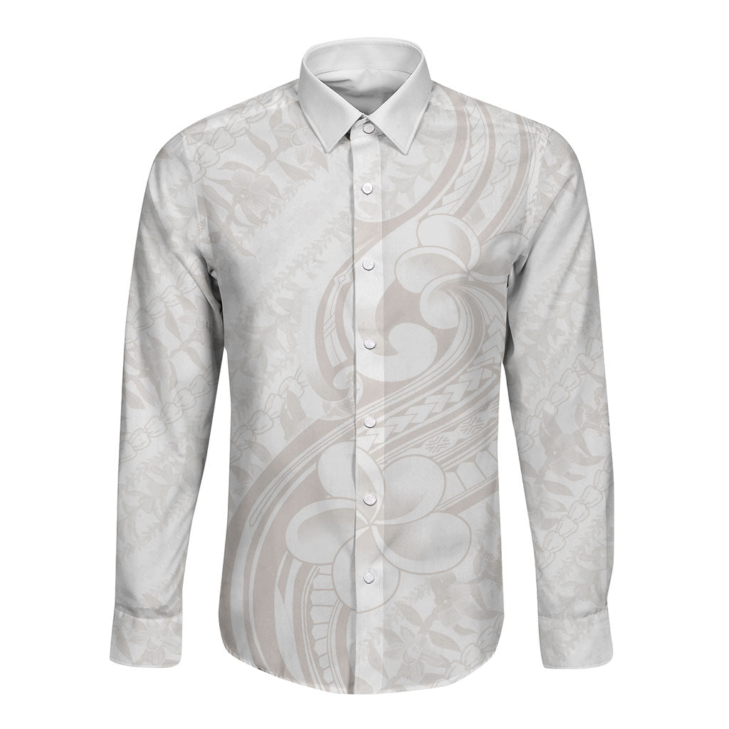 Hawaii Plumeria Lokelani Pikake Lei Long Sleeve Button Shirt Sandy Beige Polynesian Tattoo LT9 Unisex Beige - Polynesian Pride