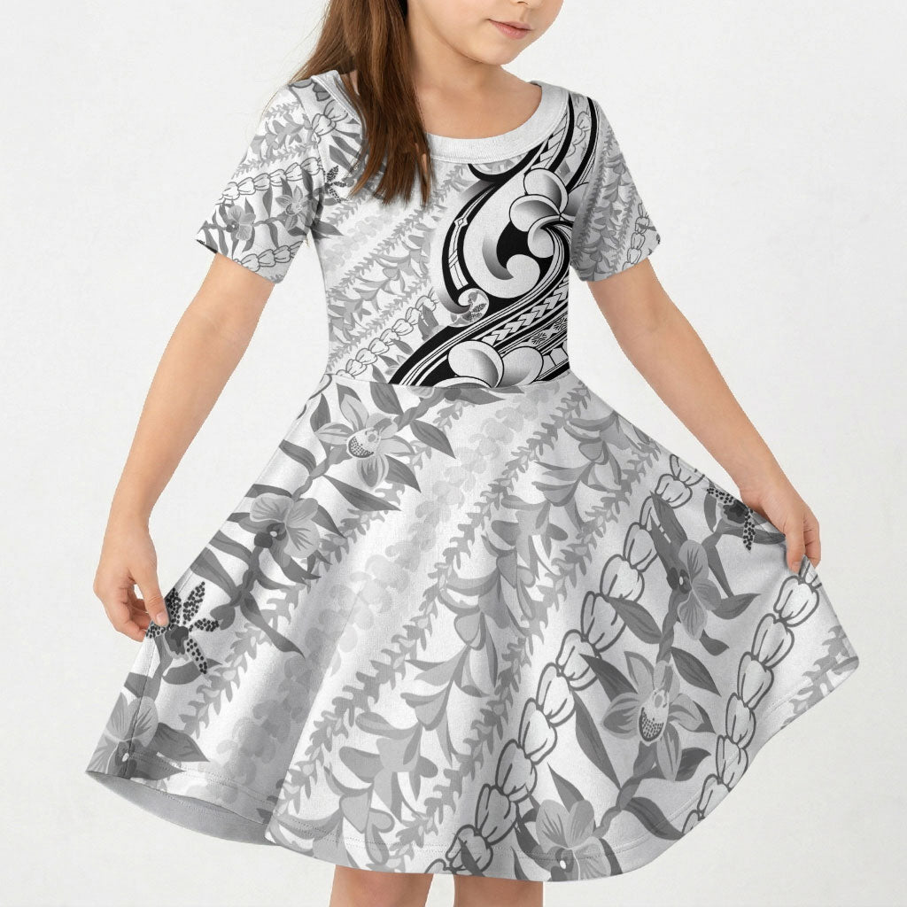 Hawaii Plumeria Lokelani Pikake Lei Kid Short Sleeve Dress Ele'ele Polynesian Tattoo LT9 KID Black - Polynesian Pride