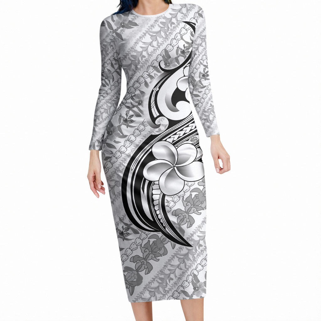 Hawaii Plumeria Lokelani Pikake Lei Long Sleeve Bodycon Dress Ele'ele Polynesian Tattoo LT9 Long Dress Black - Polynesian Pride