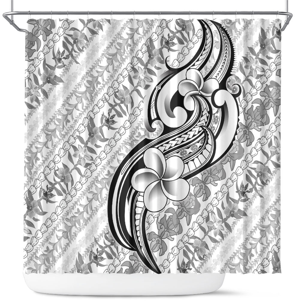 Hawaii Plumeria Lokelani Pikake Lei Shower Curtain Ele'ele Polynesian Tattoo LT9 Black - Polynesian Pride