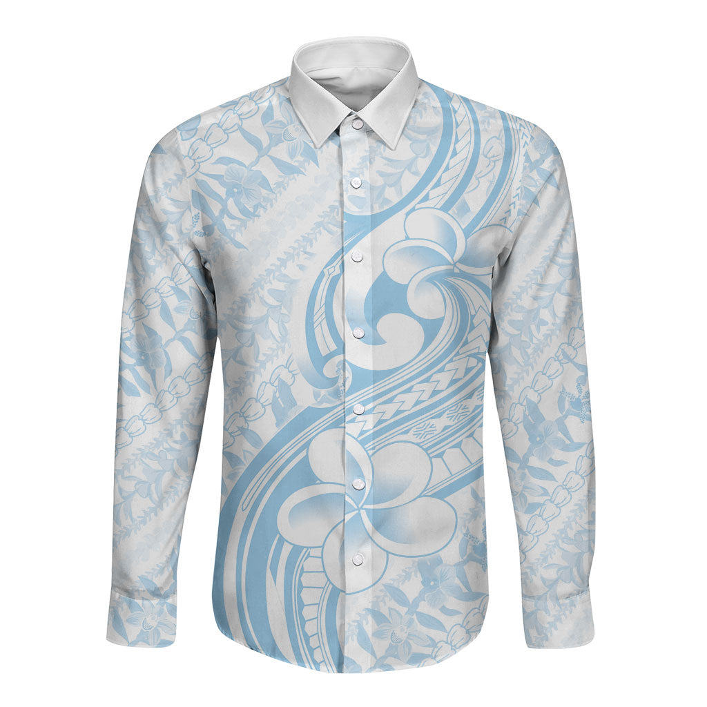 Hawaii Plumeria Lokelani Pikake Lei Long Sleeve Button Shirt Uliuli Polynesian Tattoo LT9 Unisex Blue - Polynesian Pride