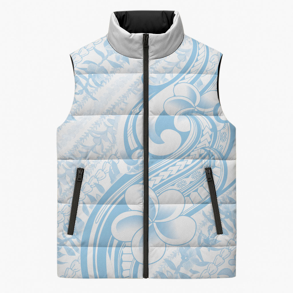 Hawaii Plumeria Lokelani Pikake Lei Sleeveless Puffer Jacket Uliuli Polynesian Tattoo LT9 Unisex Blue - Polynesian Pride
