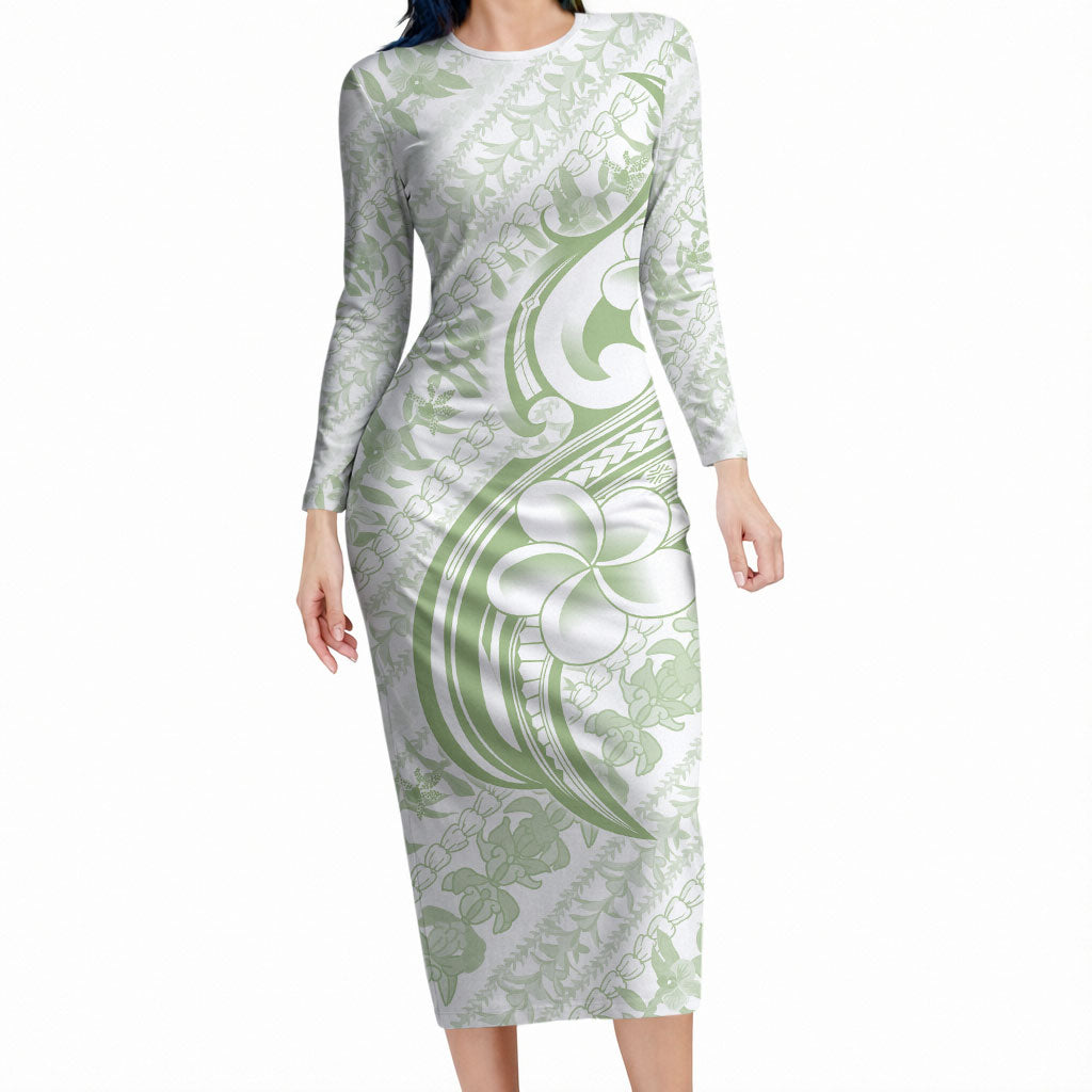 Hawaii Plumeria Lokelani Pikake Lei Long Sleeve Bodycon Dress Oma'oma'o Polynesian Tattoo LT9 Long Dress Green - Polynesian Pride