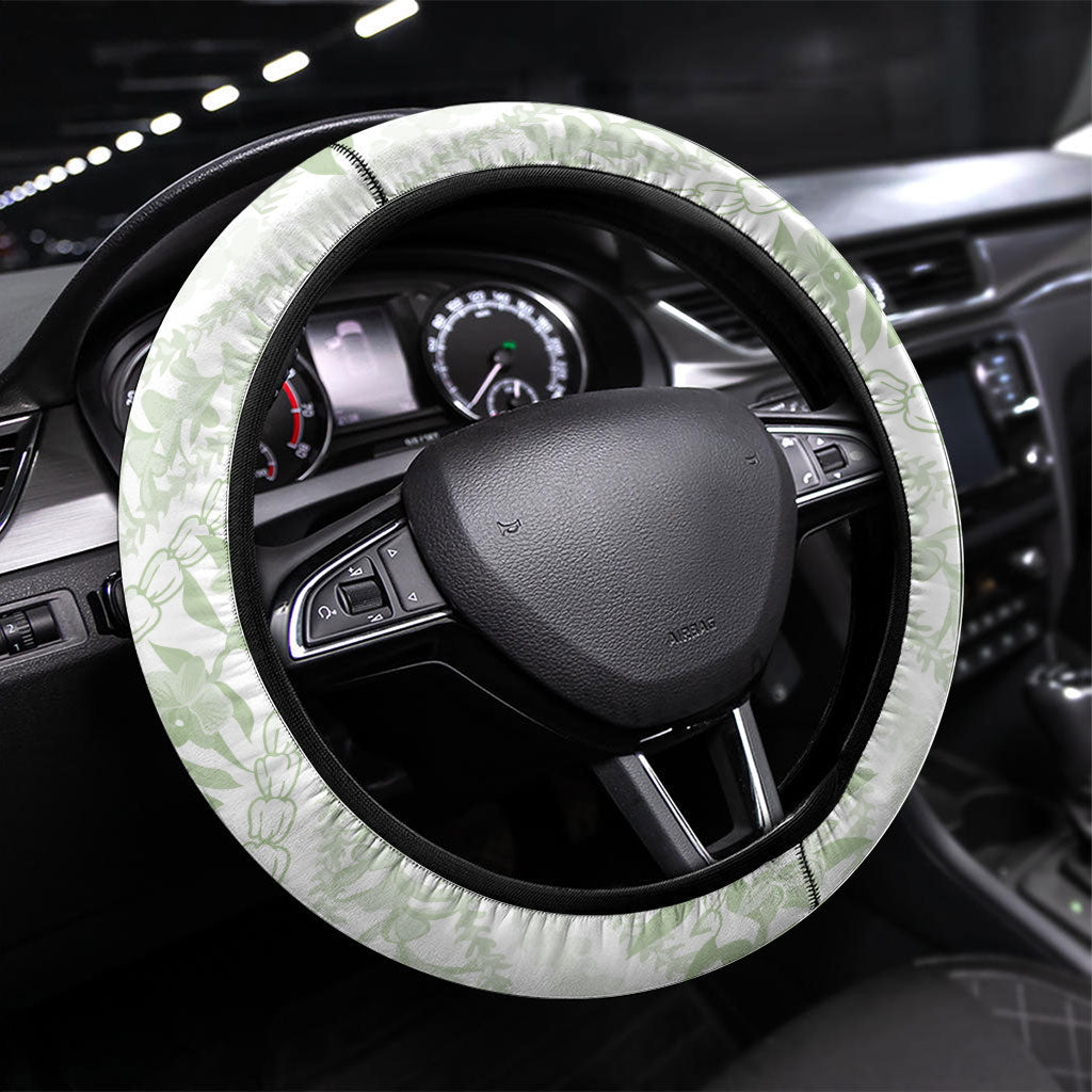 Hawaii Plumeria Lokelani Pikake Lei Steering Wheel Cover Oma'oma'o Polynesian Tattoo LT9 Universal Fit Green - Polynesian Pride