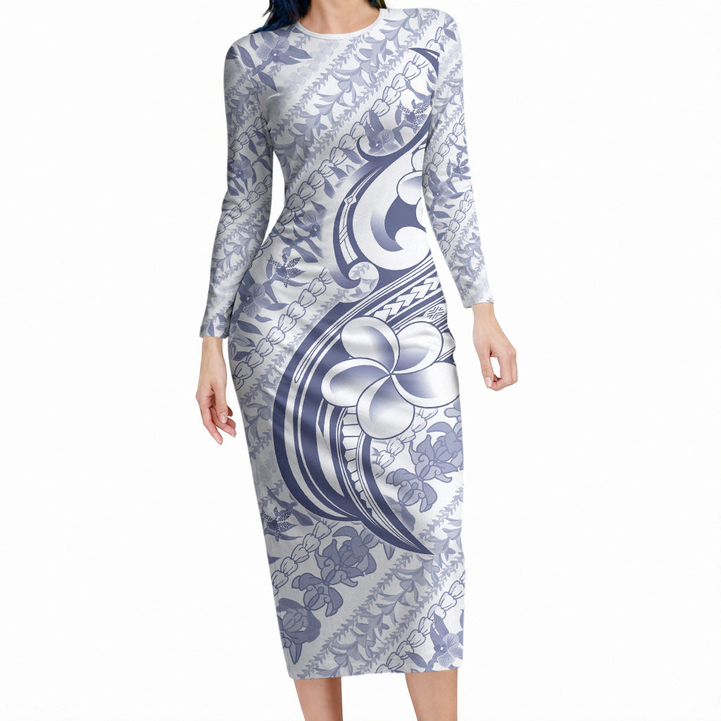 Hawaii Plumeria Lokelani Pikake Lei Long Sleeve Bodycon Dress Navy Blue Polynesian Tattoo LT9 Long Dress Navy Blue - Polynesian Pride