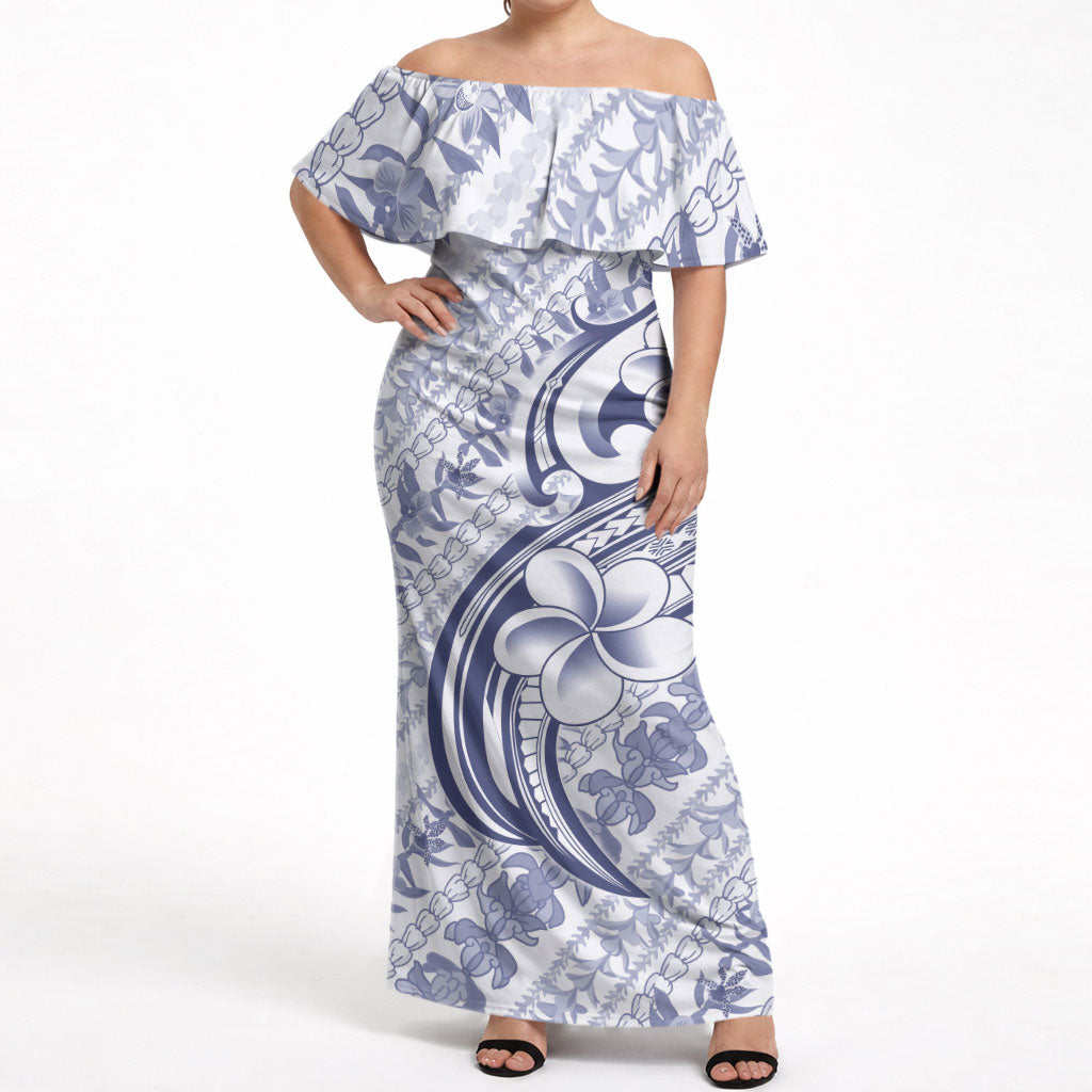 Hawaii Plumeria Lokelani Pikake Lei Off Shoulder Maxi Dress Navy Blue Polynesian Tattoo LT9 Women Navy Blue - Polynesian Pride