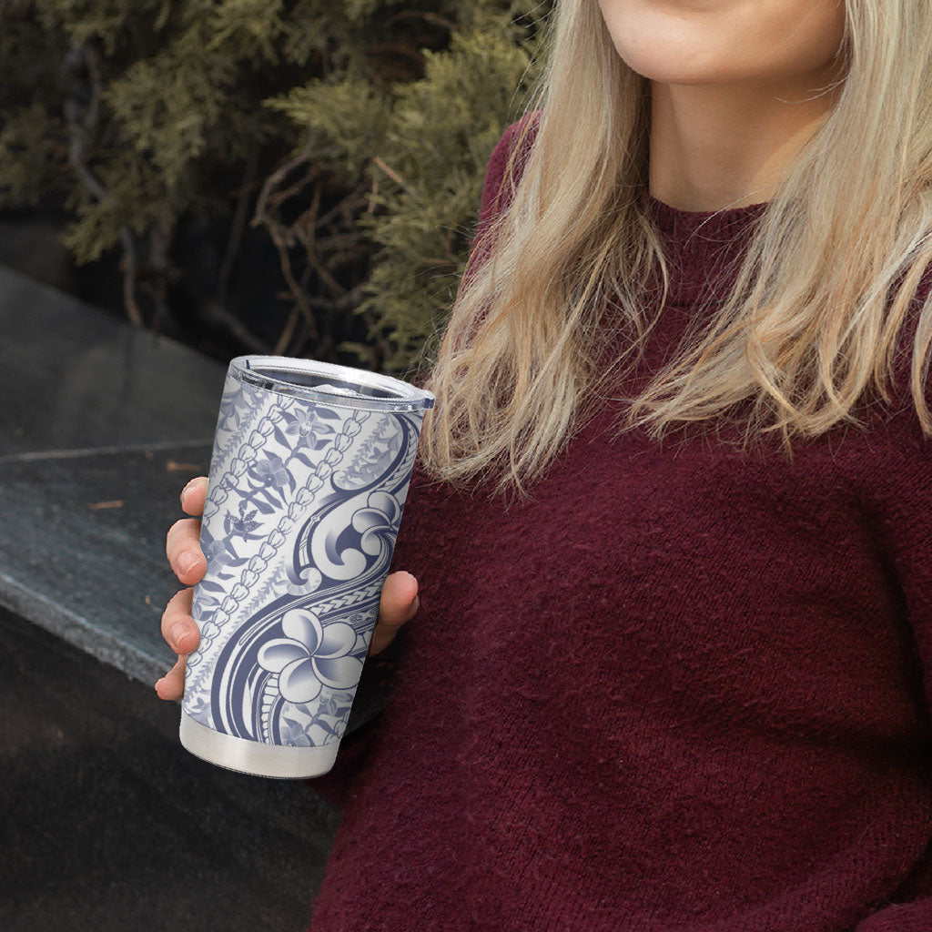 Hawaii Plumeria Lokelani Pikake Lei Tumbler Cup Navy Blue Polynesian Tattoo LT9 - Polynesian Pride