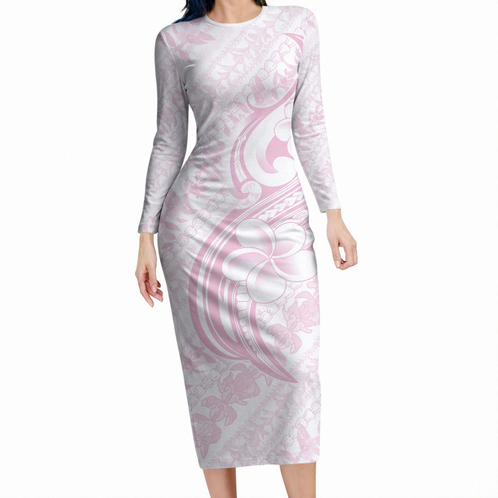 Hawaii Plumeria Lokelani Pikake Lei Long Sleeve Bodycon Dress Poni Mama Polynesian Tattoo LT9 Long Dress Pink - Polynesian Pride