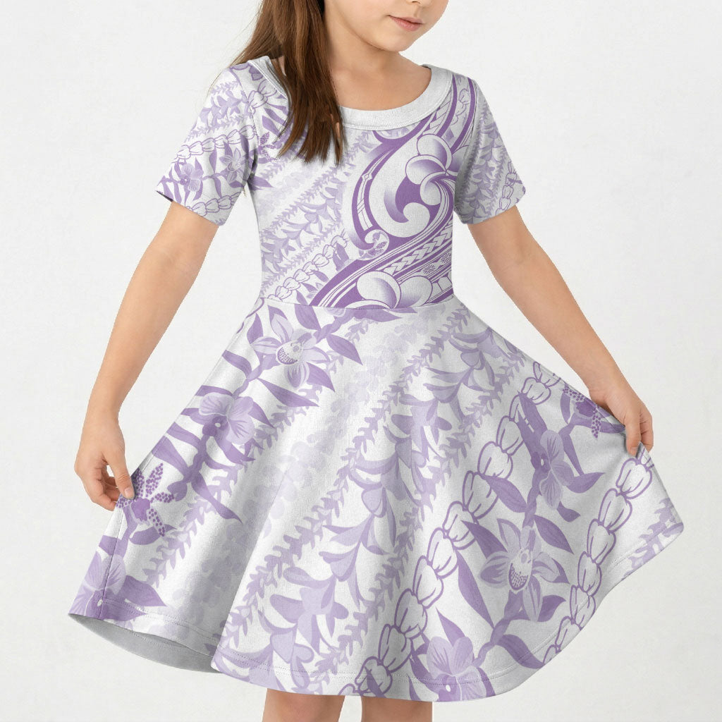 Hawaii Plumeria Lokelani Pikake Lei Kid Short Sleeve Dress Poni Polynesian Tattoo LT9 KID Purple - Polynesian Pride