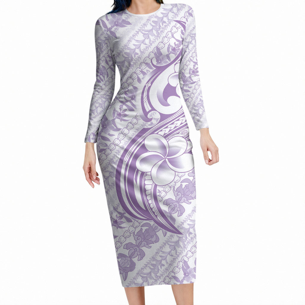 Hawaii Plumeria Lokelani Pikake Lei Long Sleeve Bodycon Dress Poni Polynesian Tattoo LT9 Long Dress Purple - Polynesian Pride