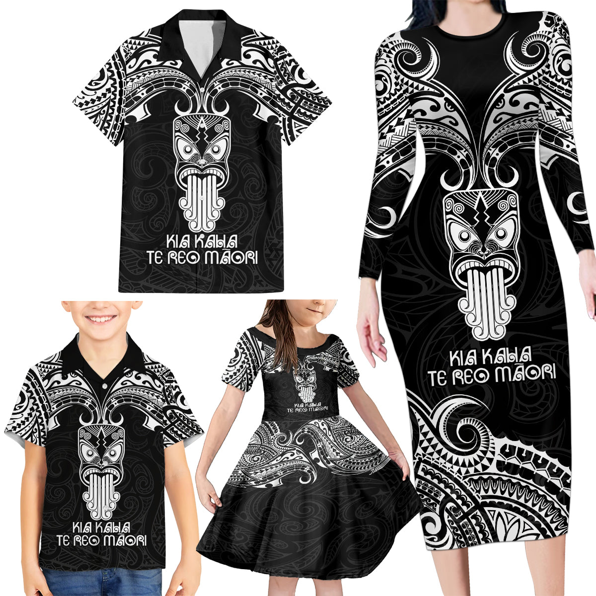 Personalised New Zealand Te Reo Maori Family Matching Long Sleeve Bodycon Dress and Hawaiian Shirt Kia Kaha Maori Language Week Black Style LT9 - Polynesian Pride