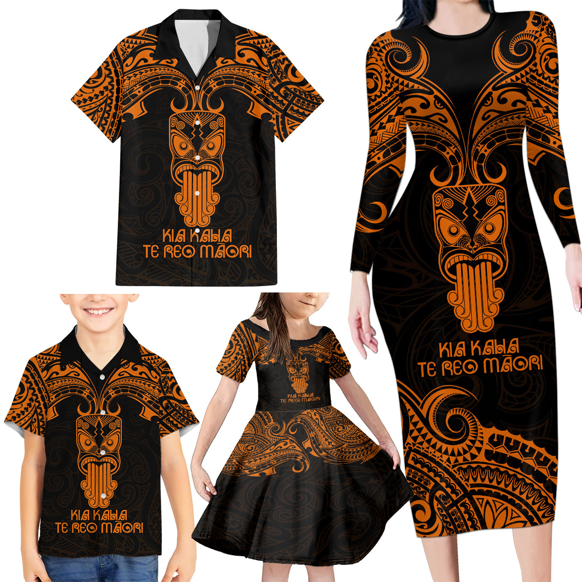 Personalised New Zealand Te Reo Maori Family Matching Long Sleeve Bodycon Dress and Hawaiian Shirt Kia Kaha Maori Language Week Gold Style LT9 - Polynesian Pride