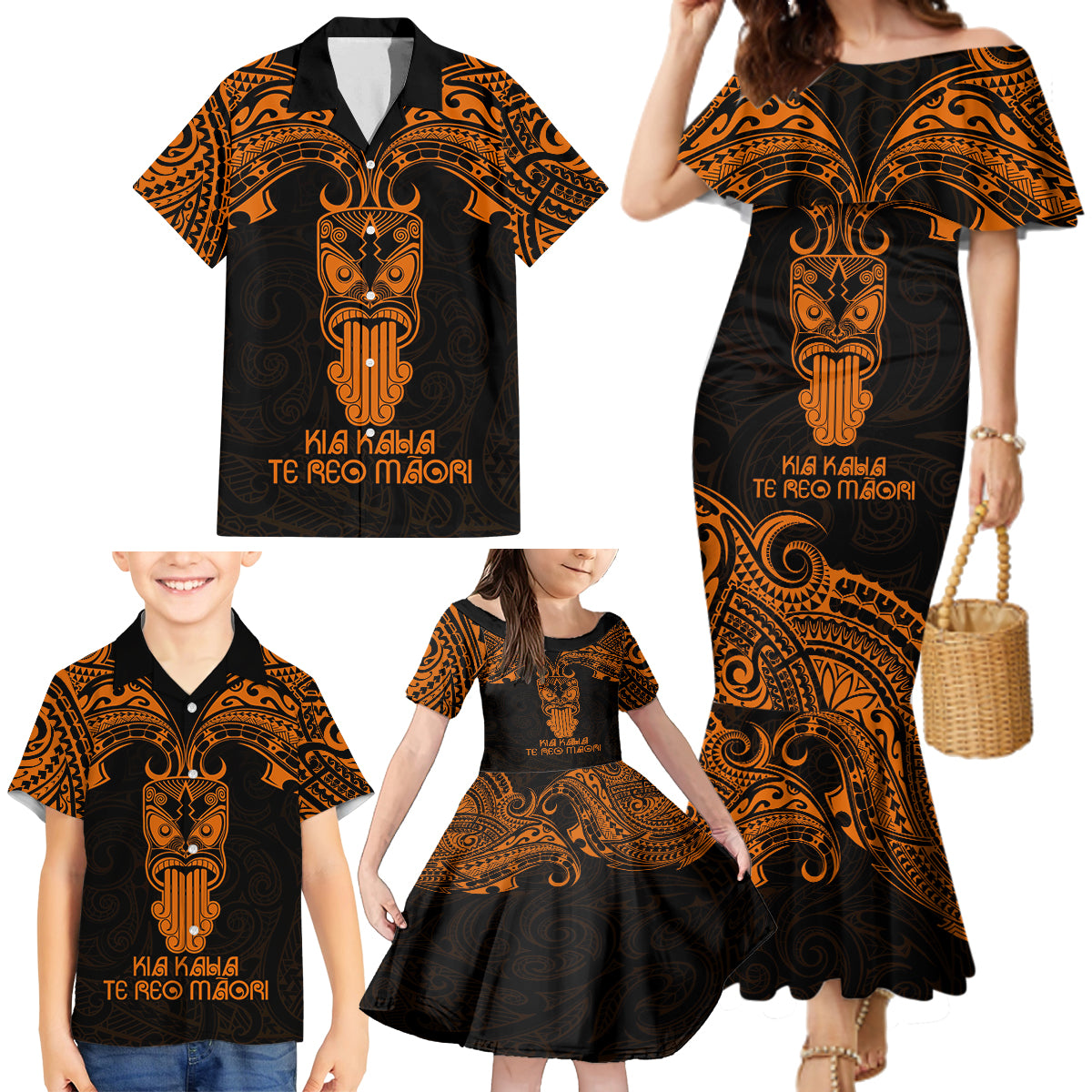 Personalised New Zealand Te Reo Maori Family Matching Mermaid Dress and Hawaiian Shirt Kia Kaha Maori Language Week Gold Style LT9 - Polynesian Pride