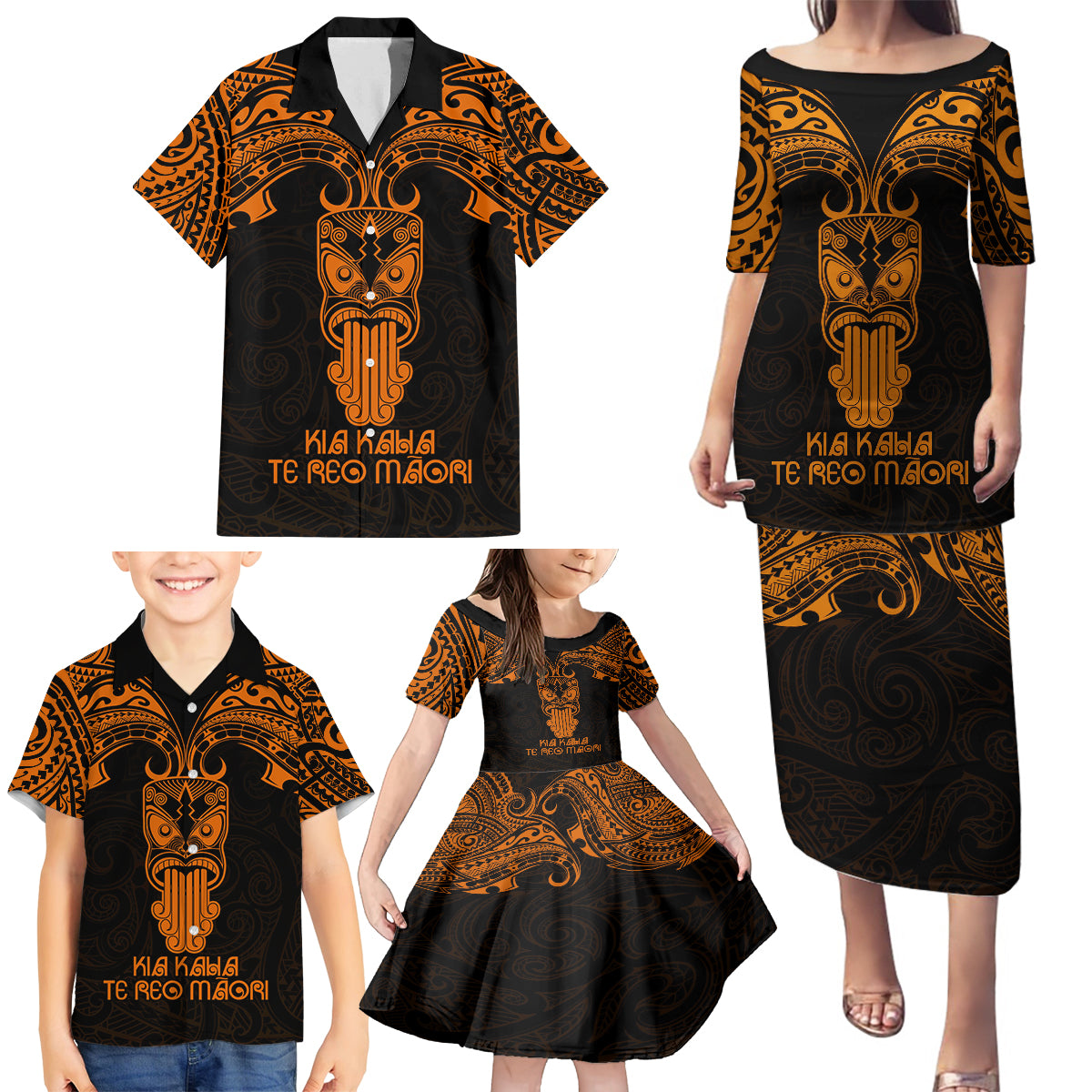 Personalised New Zealand Te Reo Maori Family Matching Puletasi Dress and Hawaiian Shirt Kia Kaha Maori Language Week Gold Style LT9 - Polynesian Pride