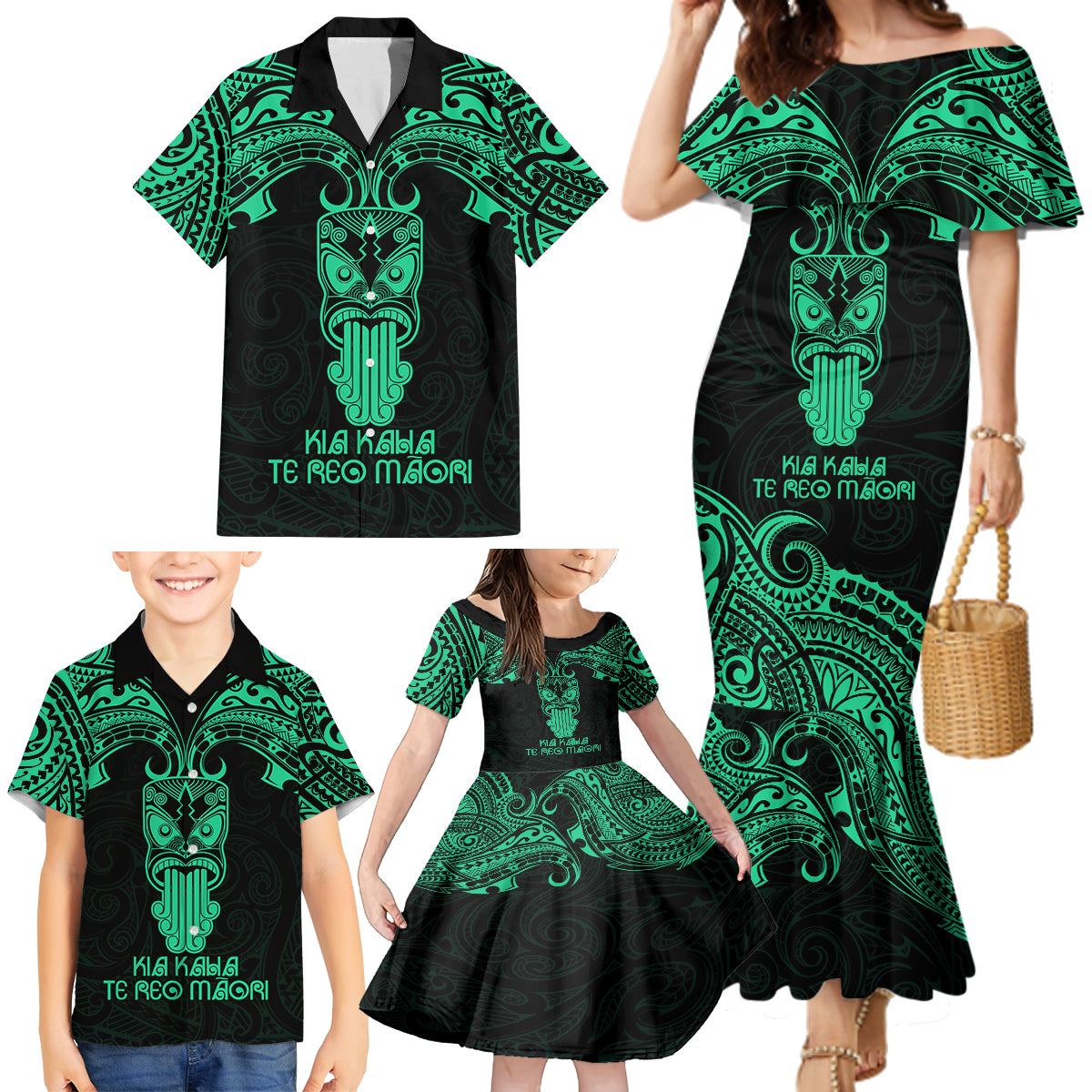 Personalised New Zealand Te Reo Maori Family Matching Mermaid Dress and Hawaiian Shirt Kia Kaha Maori Language Week Green Style LT9 - Polynesian Pride