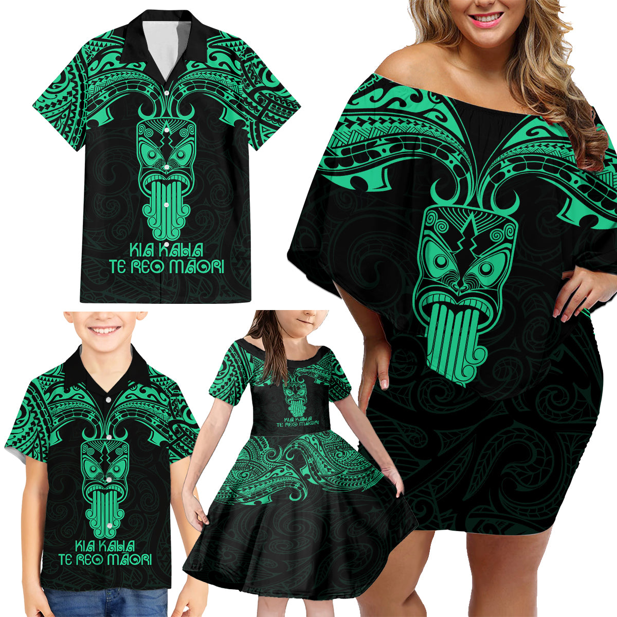 Personalised New Zealand Te Reo Maori Family Matching Off Shoulder Short Dress and Hawaiian Shirt Kia Kaha Maori Language Week Green Style LT9 - Polynesian Pride