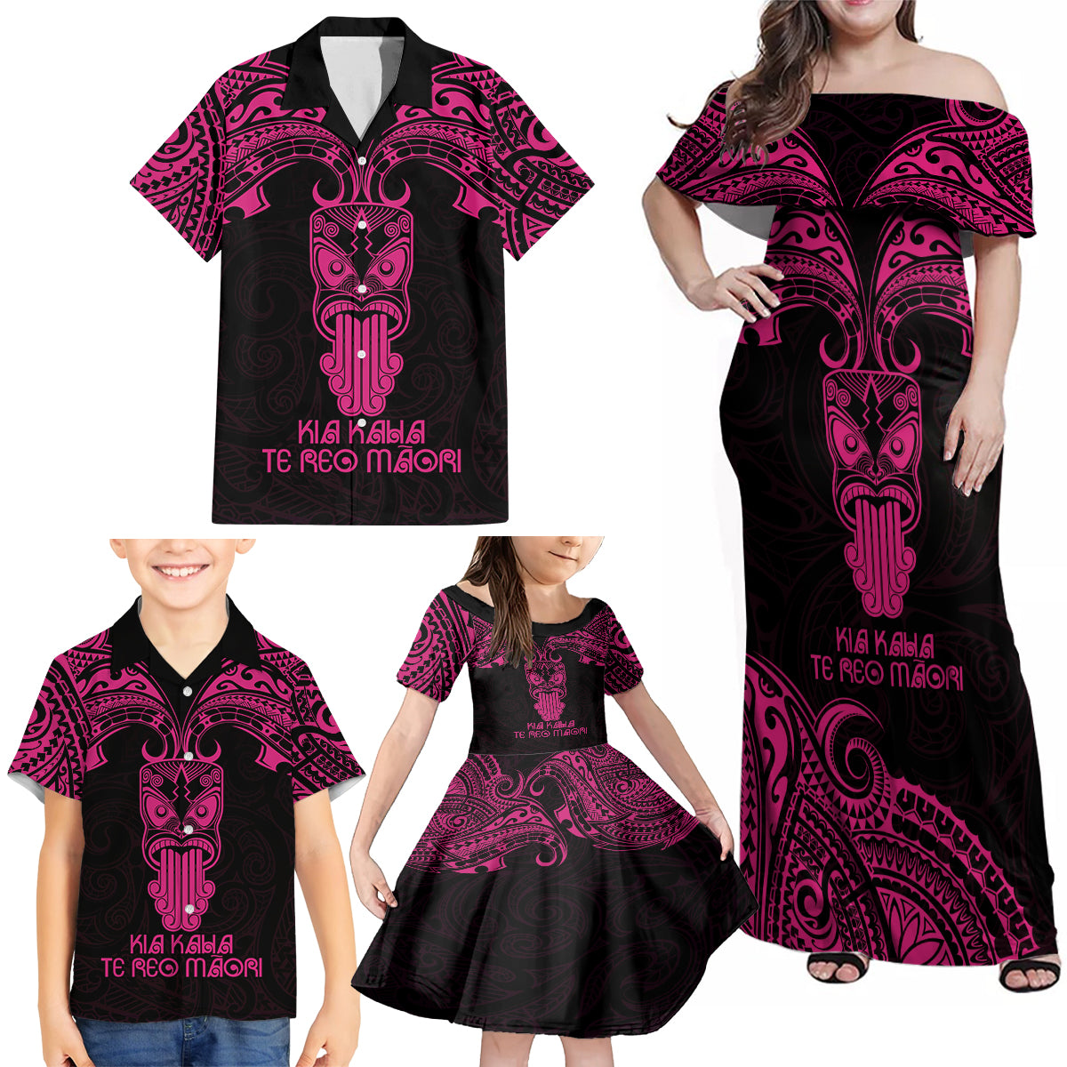 Personalised New Zealand Te Reo Maori Family Matching Off Shoulder Maxi Dress and Hawaiian Shirt Kia Kaha Maori Language Week Pink Style LT9 - Polynesian Pride