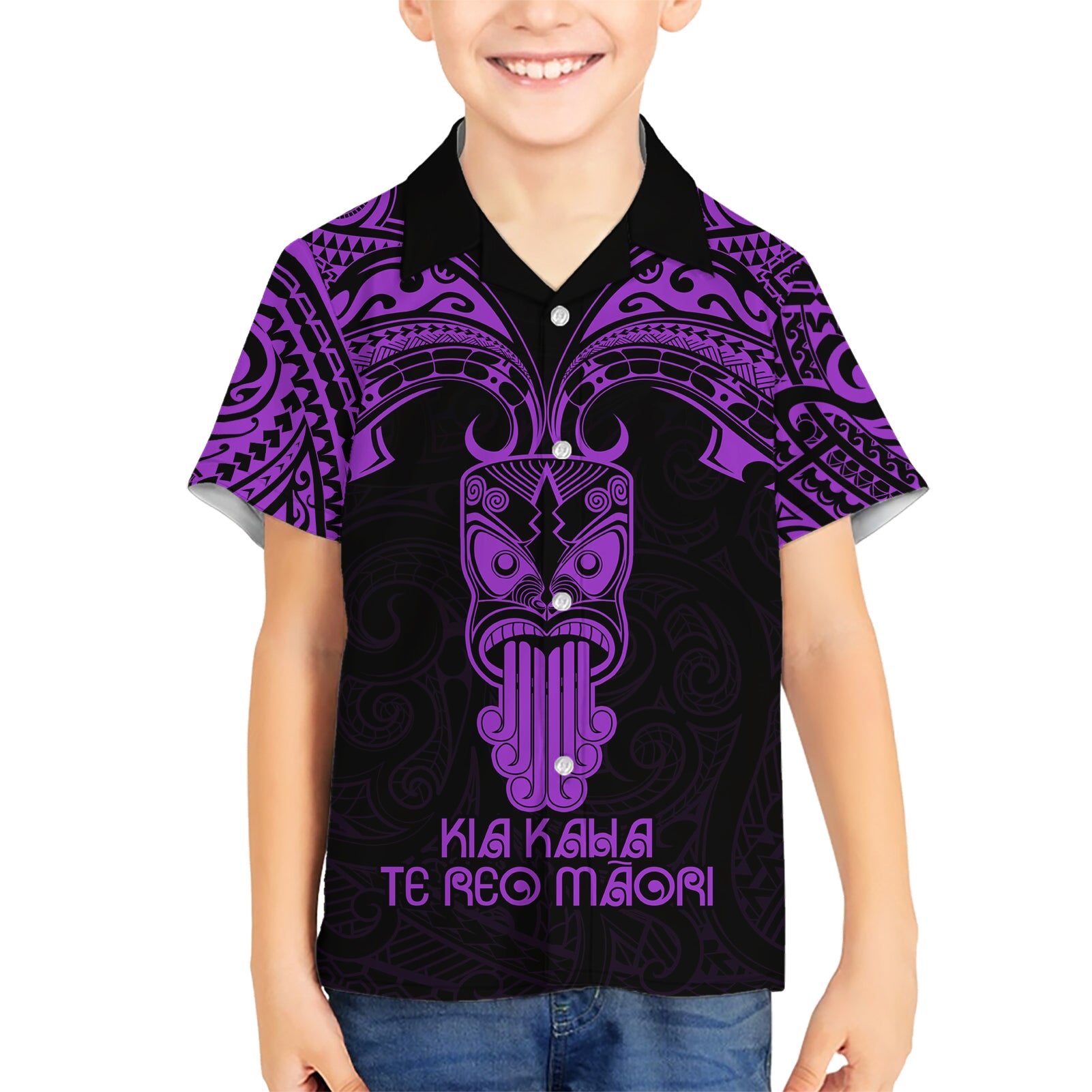 Personalised New Zealand Te Reo Maori Kid Hawaiian Shirt Kia Kaha Maori Language Week Purple Style LT9 Kid Purple - Polynesian Pride