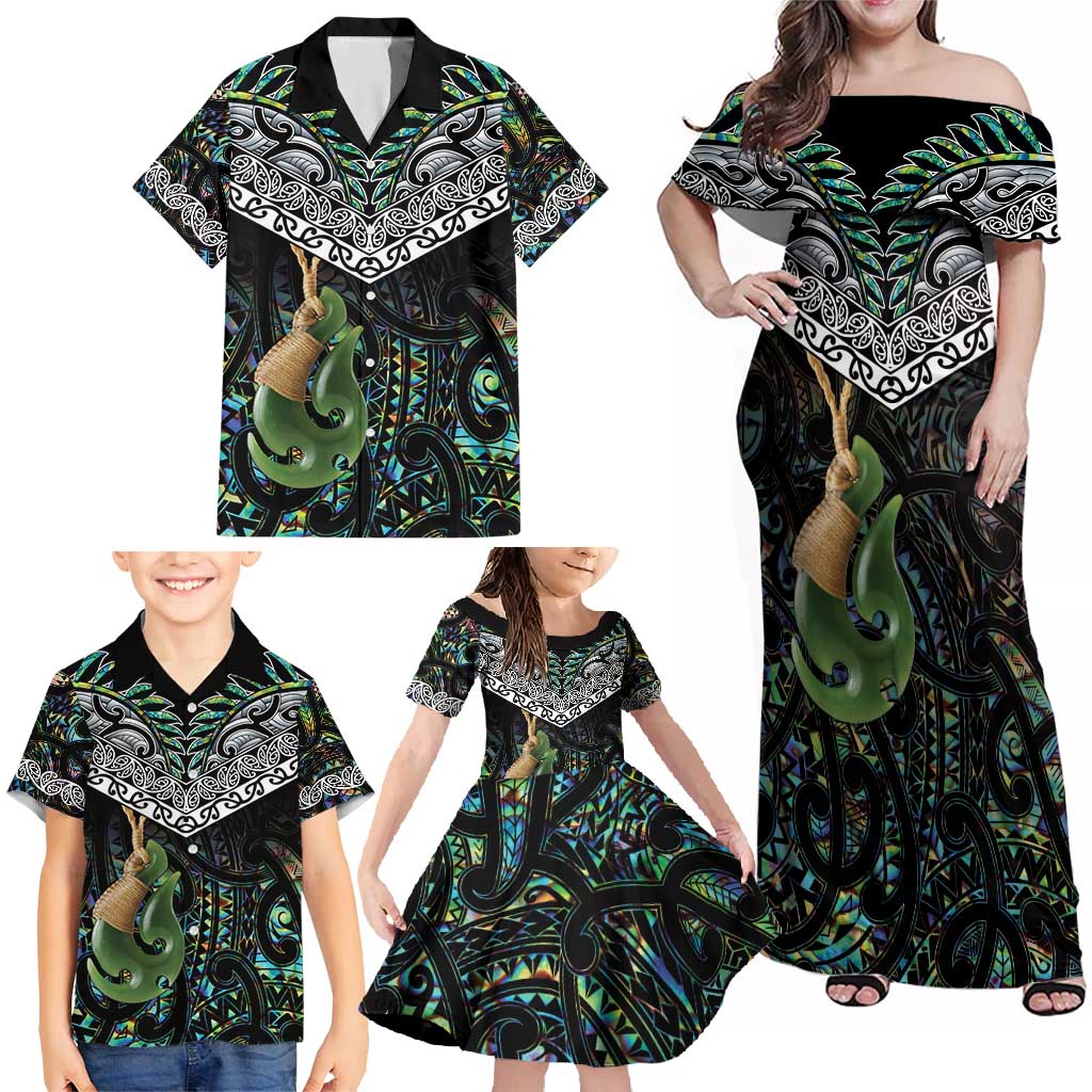 Personalised Maori Manaia Family Matching Off Shoulder Maxi Dress and Hawaiian Shirt New Zealand Tribal Hei Matau Papua Shell