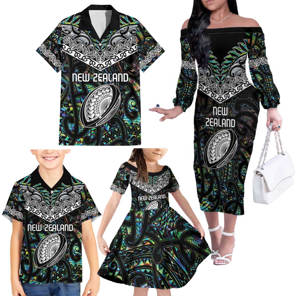 Custom New Zealand Family Matching Off The Shoulder Long Sleeve Dress and Hawaiian Shirt Maori Rugby Tattoo Papua Shell