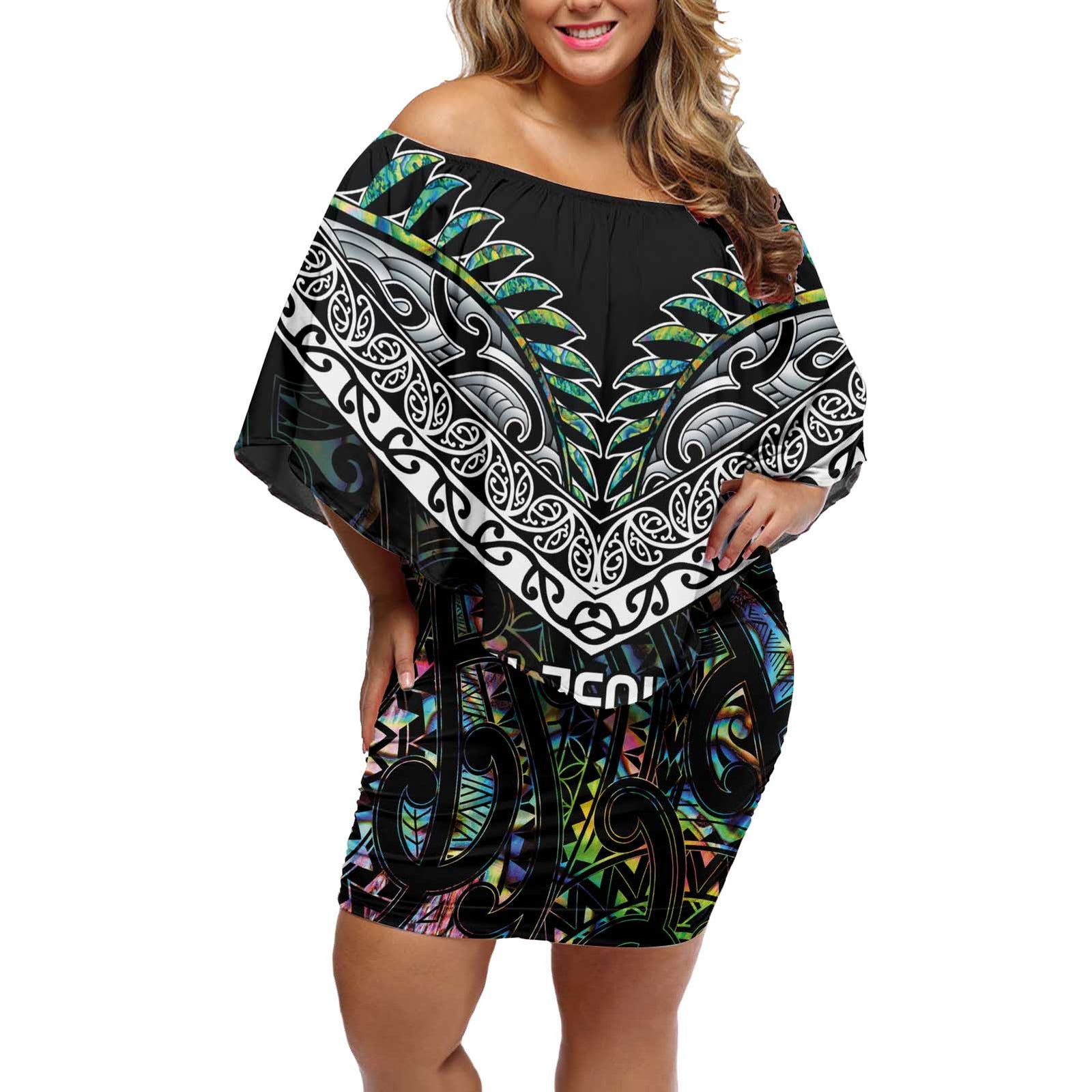 Custom New Zealand Off Shoulder Short Dress Maori Rugby Tattoo Papua Shell LT9 Women Green - Polynesian Pride