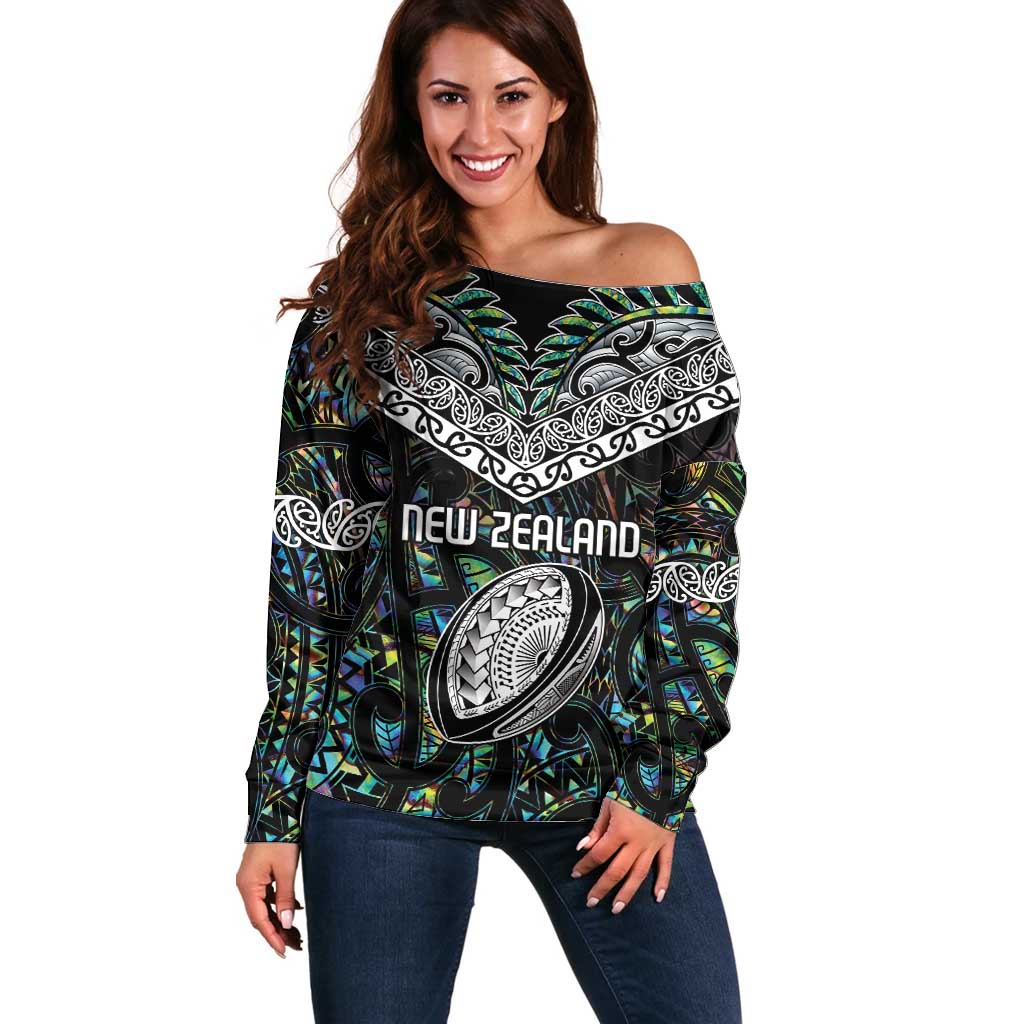 Custom New Zealand Off Shoulder Sweater Maori Rugby Tattoo Papua Shell LT9 Women Green - Polynesian Pride