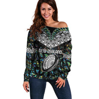 Custom New Zealand Off Shoulder Sweater Maori Rugby Tattoo Papua Shell LT9 Women Green - Polynesian Pride