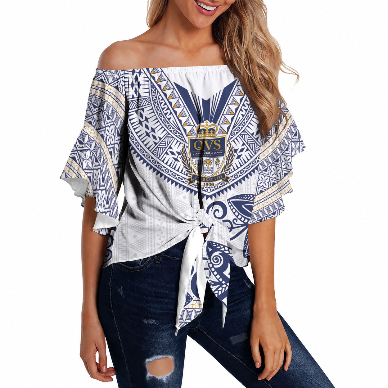 Fiji Queen Victoria School Personalised Off Shoulder Wrap Waist Top QVS 120 Years Queen Victoria Alumni Legacy LT9 White - Polynesian Pride