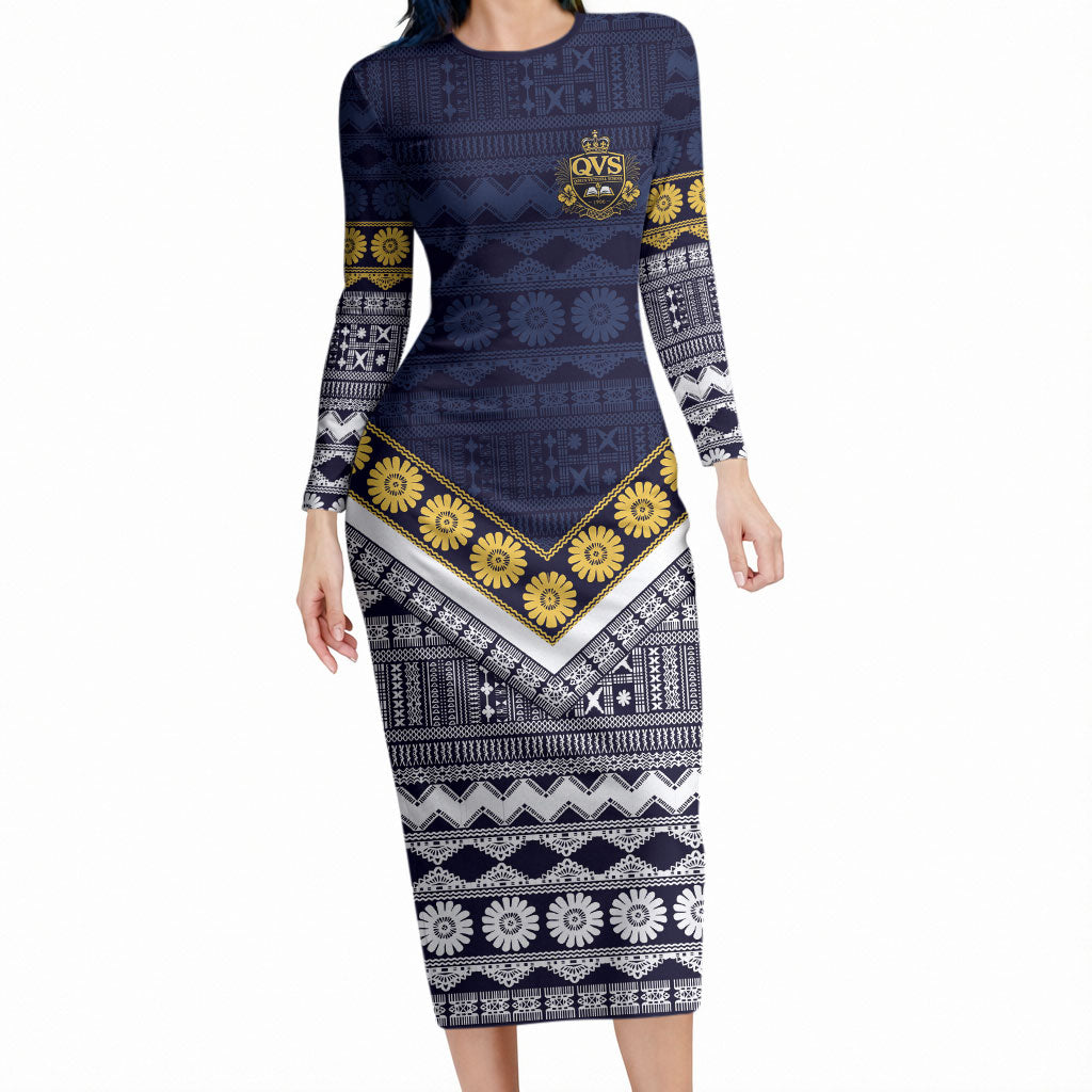 Fiji Queen Victoria School Long Sleeve Bodycon Dress QVS 1906 Generational School Legacy LT9 Long Dress Blue - Polynesian Pride