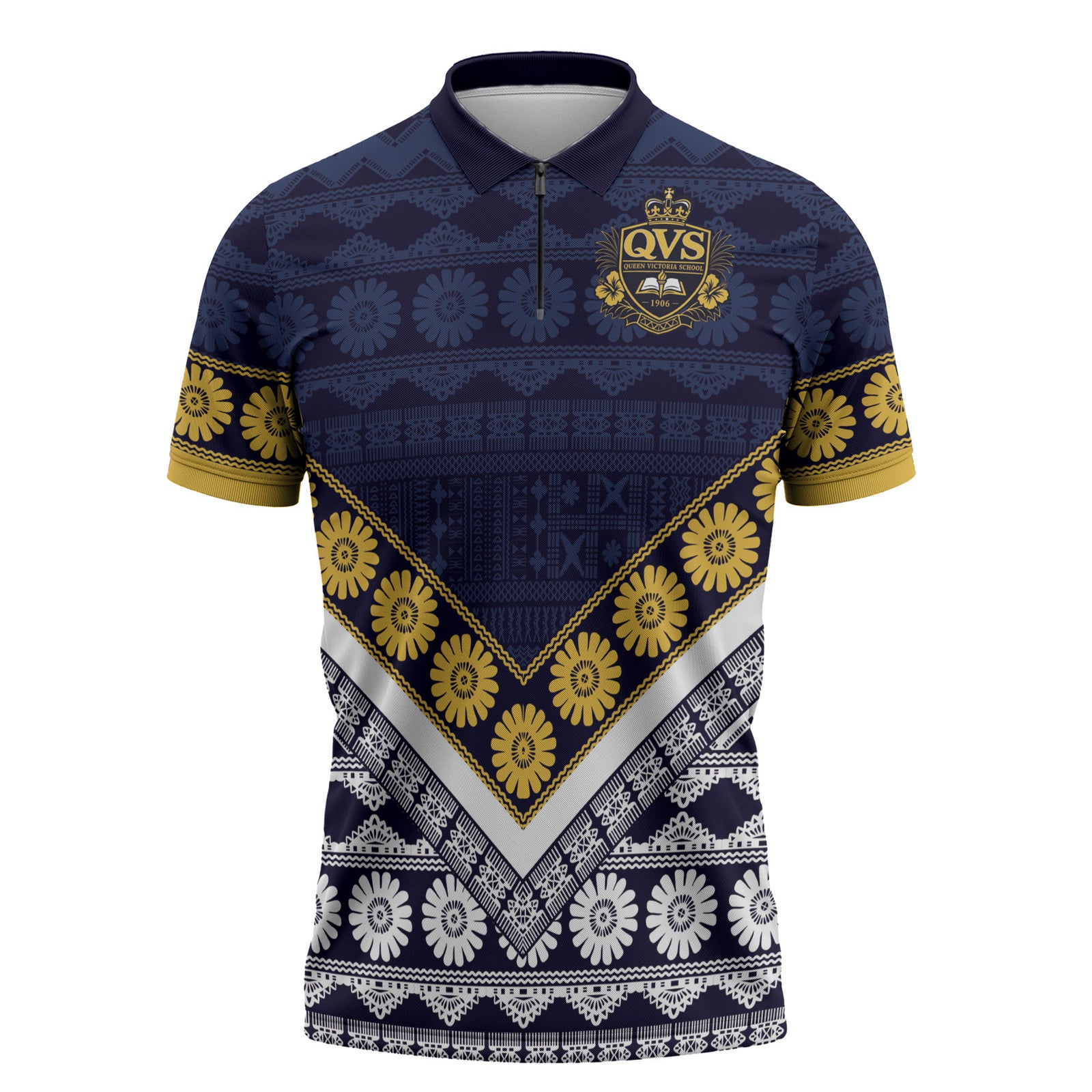 Fiji Queen Victoria School Zipper Polo Shirt QVS 1906 Generational School Legacy LT9 Blue - Polynesian Pride