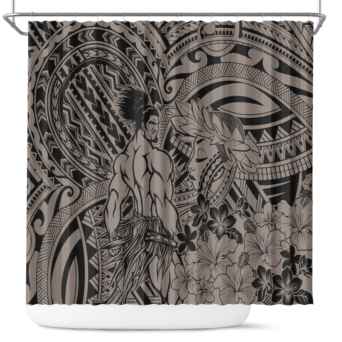 Beauty and The Warrior Polynesian Valentine Shower Curtain Hibiscus FLowers Brown Style LT9 Brown - Polynesian Pride