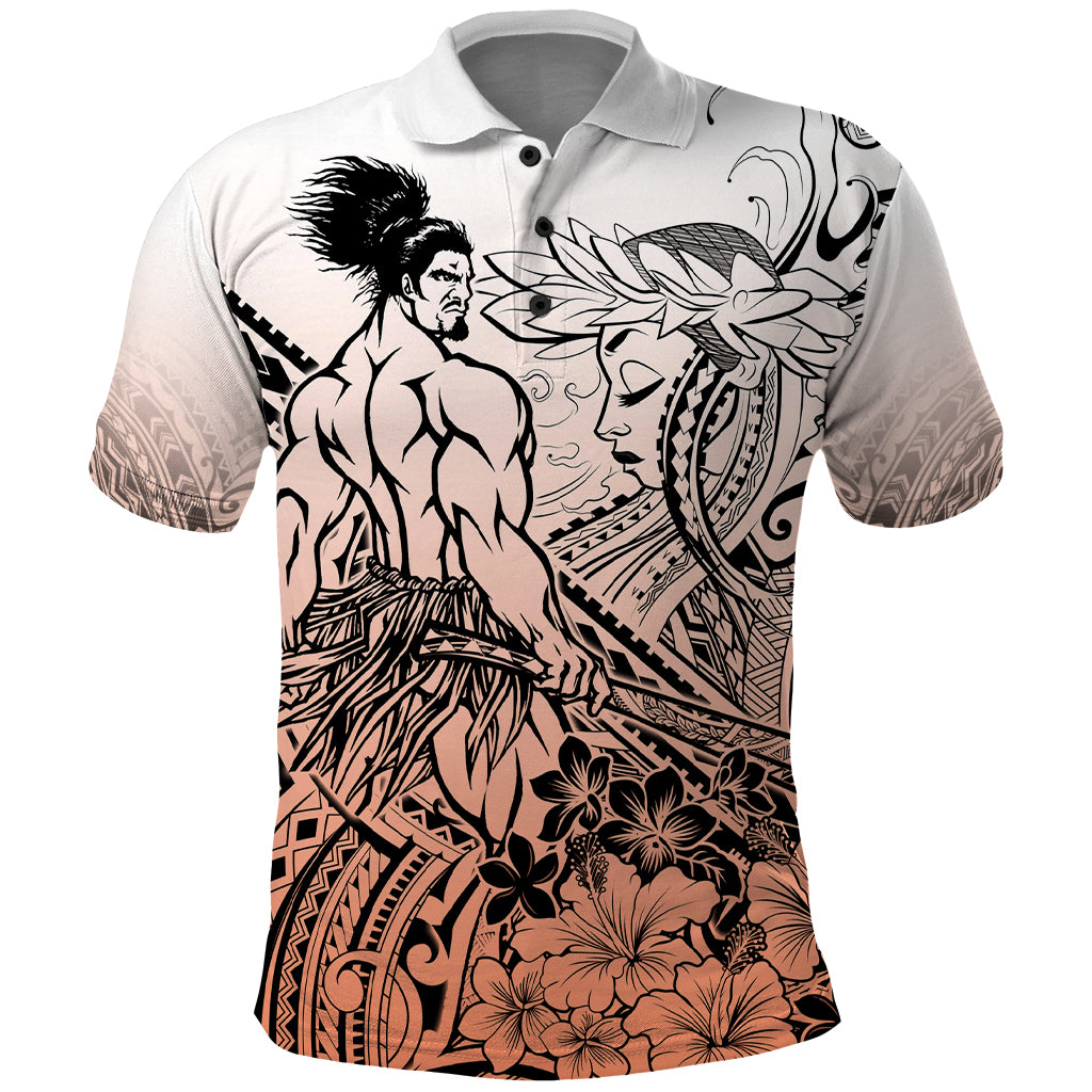 Beauty and The Warrior Polynesian Valentine Polo Shirt Hibiscus FLowers Orange Style LT9 Orange - Polynesian Pride