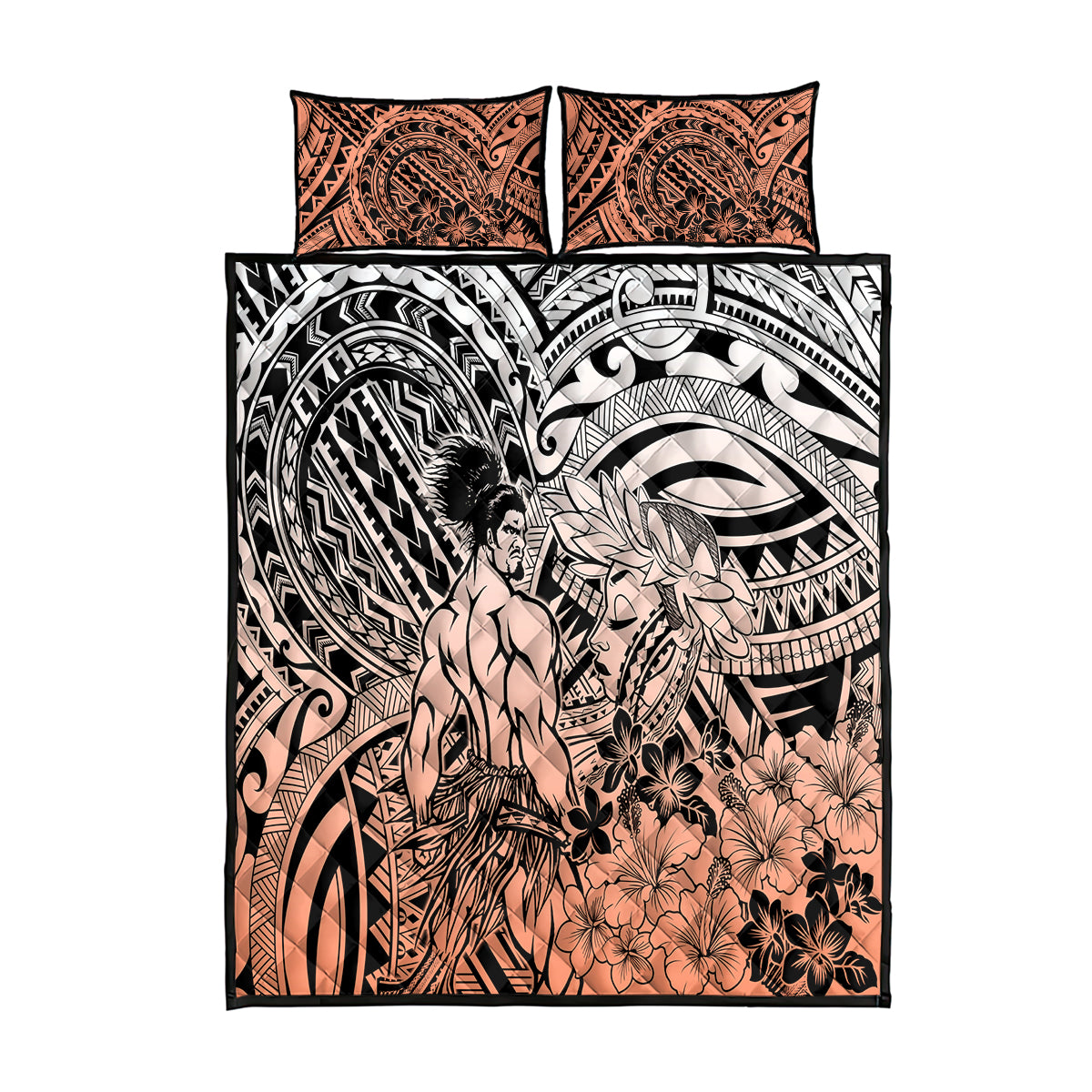 Beauty and The Warrior Polynesian Valentine Quilt Bed Set Hibiscus FLowers Orange Style LT9 Orange - Polynesian Pride