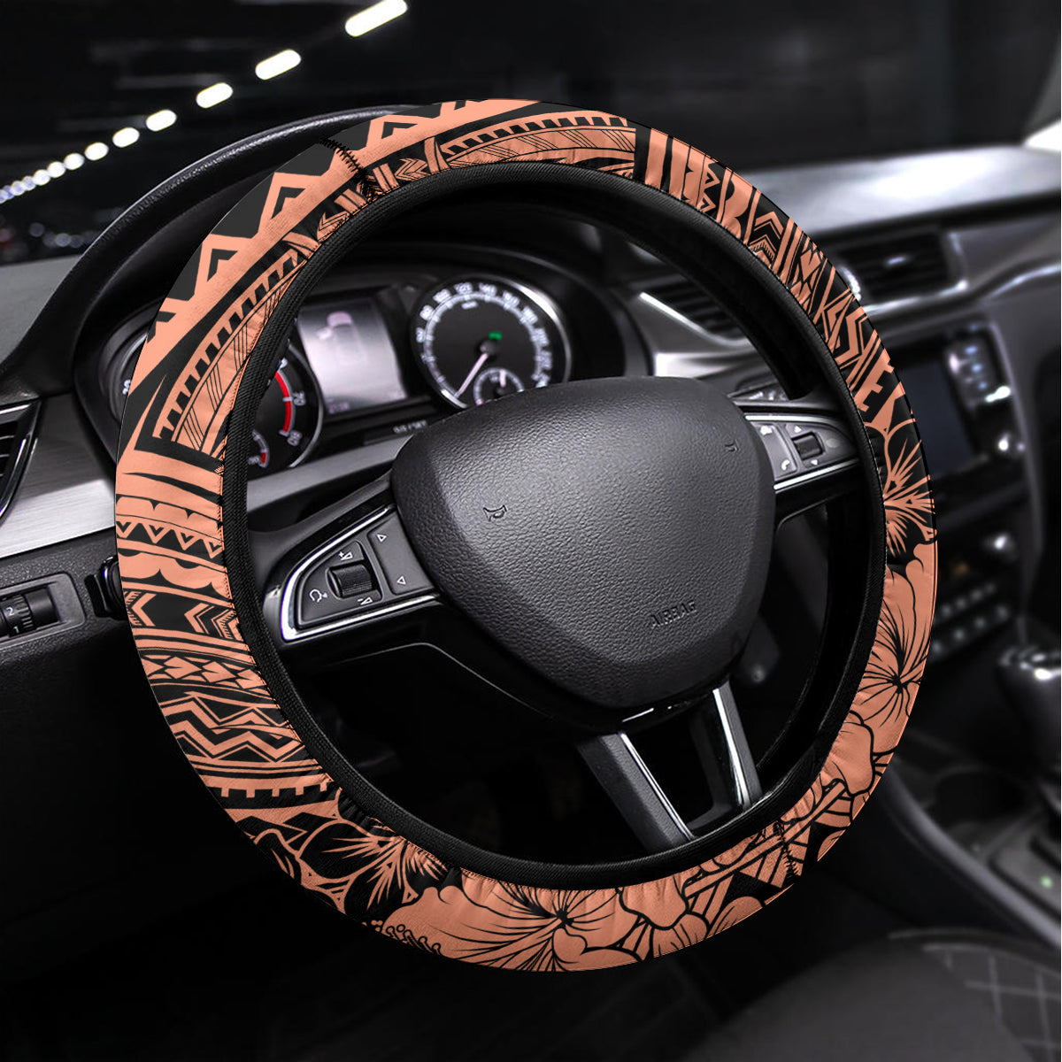 Beauty and The Warrior Polynesian Valentine Steering Wheel Cover Hibiscus FLowers Orange Style