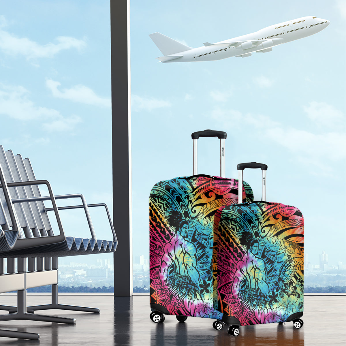 Beauty and The Warrior Polynesian Valentine Luggage Cover Hibiscus FLowers Rainbow Style LT9 - Polynesian Pride