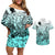 Beauty and The Warrior Polynesian Valentine Couples Matching Off Shoulder Short Dress and Hawaiian Shirt Hibiscus FLowers Turquoise Style LT9 Turquoise - Polynesian Pride