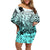 Beauty and The Warrior Polynesian Valentine Family Matching Off Shoulder Short Dress and Hawaiian Shirt Hibiscus FLowers Turquoise Style LT9 Mom's Dress Turquoise - Polynesian Pride