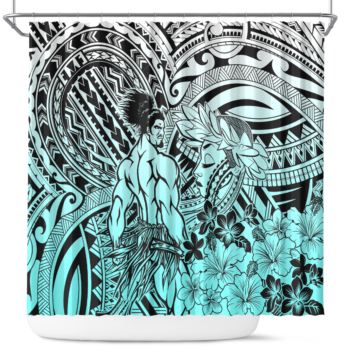 Beauty and The Warrior Polynesian Valentine Shower Curtain Hibiscus FLowers Turquoise Style LT9 Turquoise - Polynesian Pride